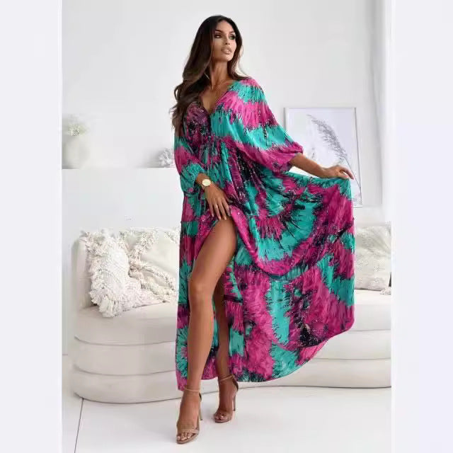 Maxi dress for women with an elegant back neckline and wide ruffled sleeves Lune London