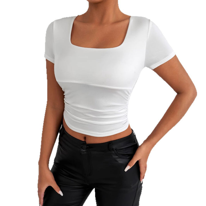 Women's Refined Short Sleeve Top with Square Neckline and Ruched Hem Lune London