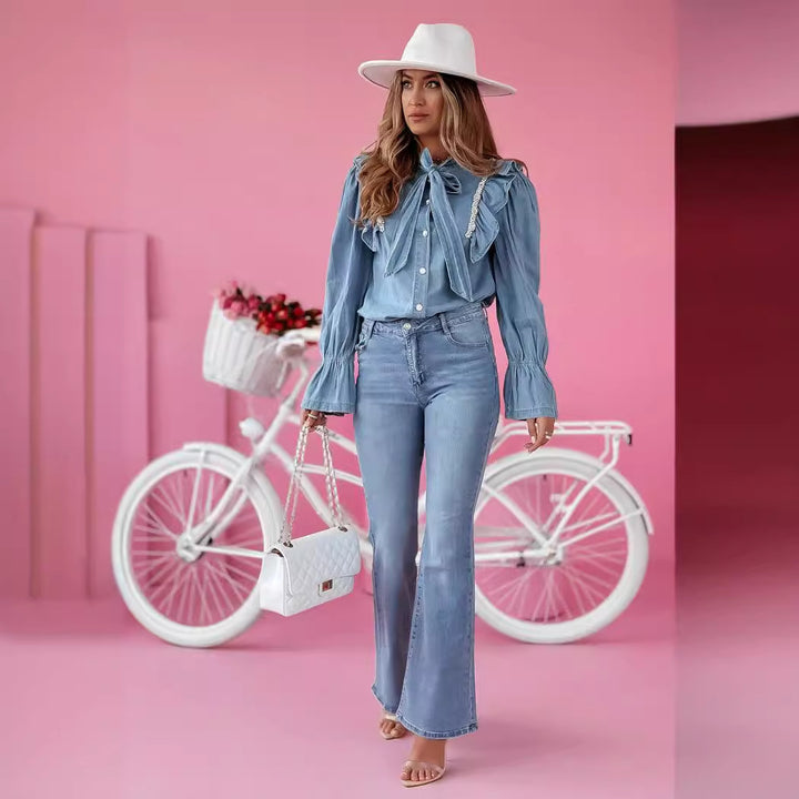 Ladies blouse shirt with ruffles and trendy collar Lune London