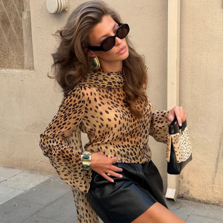Women's Transparent Chiffon Blouse with Long Shawl Collar and Animal Print Amarae