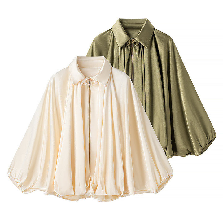 Ladies Soft Satin Cape Blouse Shirt with Lapel Collar, Balloon Sleeves and Concealed Zipper Amarae