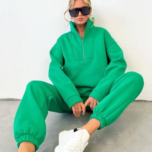 Amarae women's sporty fleece sweatshirt set and high-neck jogging pants