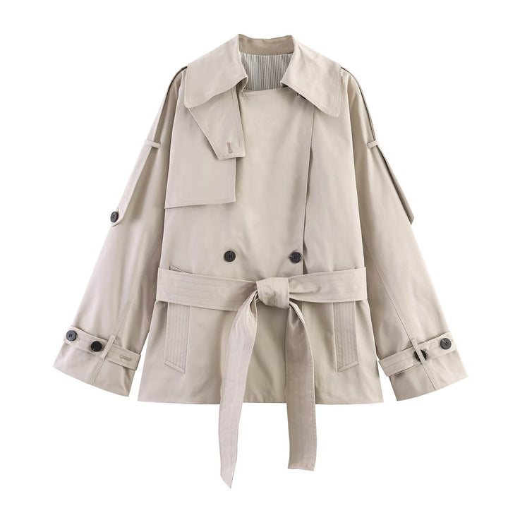 Women's Short Trench Coat with Waist Belt and Cape Detail Amarae