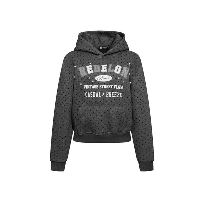 Women's hoodie with polka dot, college print, and ribbed hem Amarae