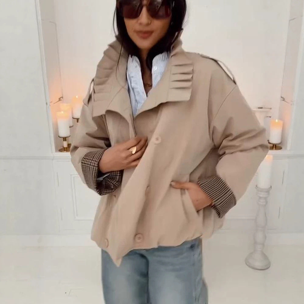 Women's Short Cut Boxy Utility Jacket with Pleated Collar and Check Inner Cuffs Amarae