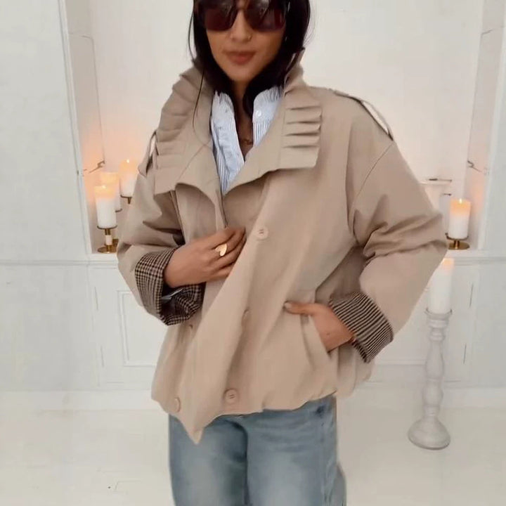 Women's Short Cut Boxy Utility Jacket with Pleated Collar and Check Inner Cuffs Amarae