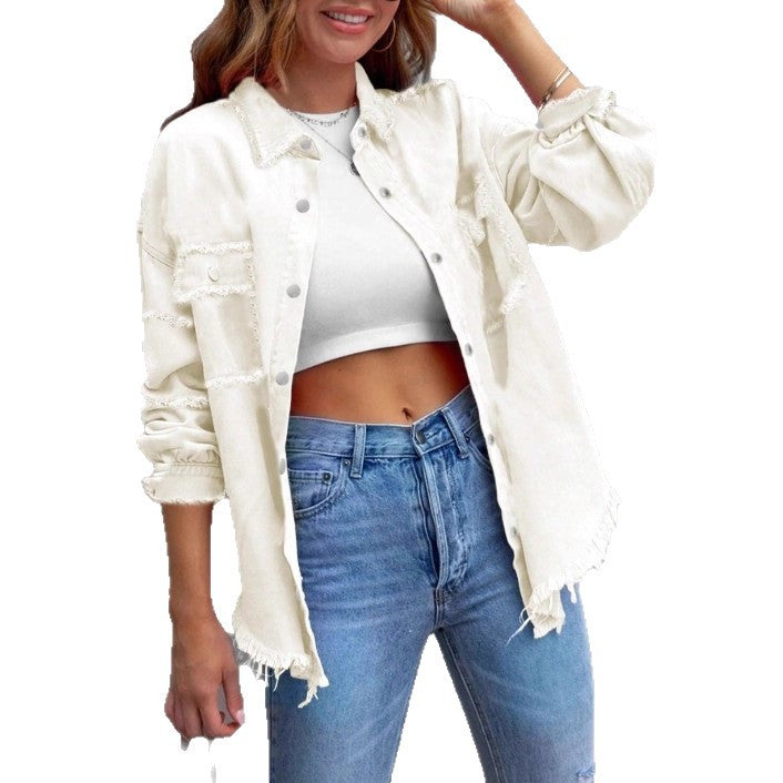 Women's Casual Denim Shirt-Style Jacket with Raw Edge and Snap Button Placket Amarae