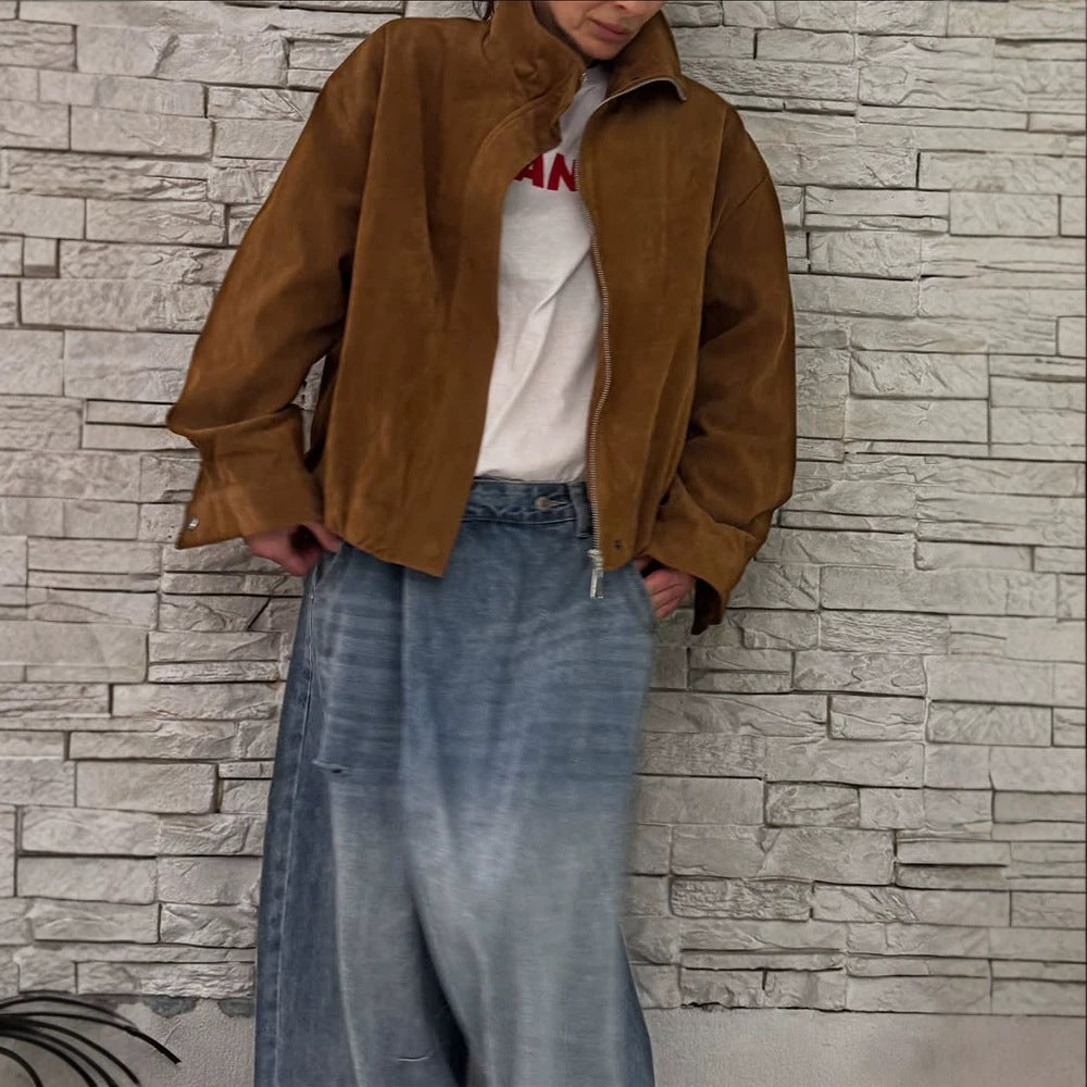 Women's Oversize Suede Blouson with High Standing Collar and Metal Zipper Amarae