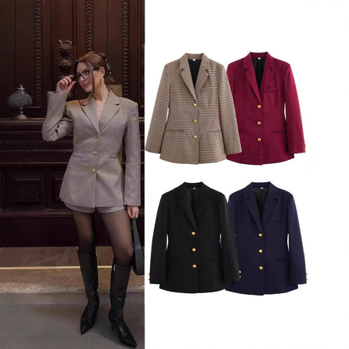 Elegant checked blazer jacket for women with gold buttons Amarae