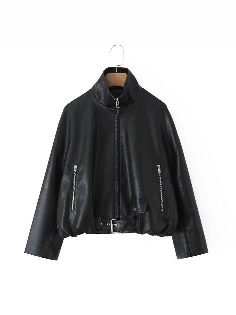 Ladies stylish faux leather jacket with belt Lune London