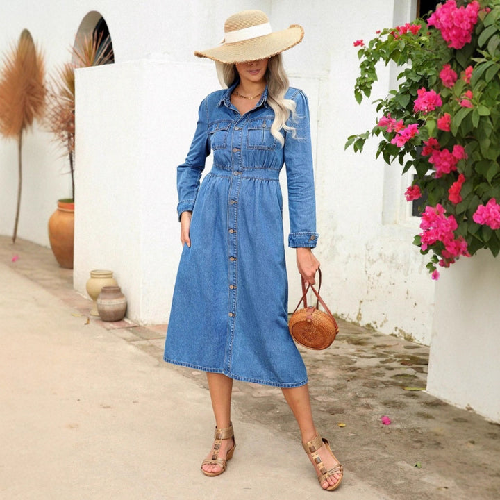 Women's denim midi dress with button placket, tailored fit and chest pockets Amarae
