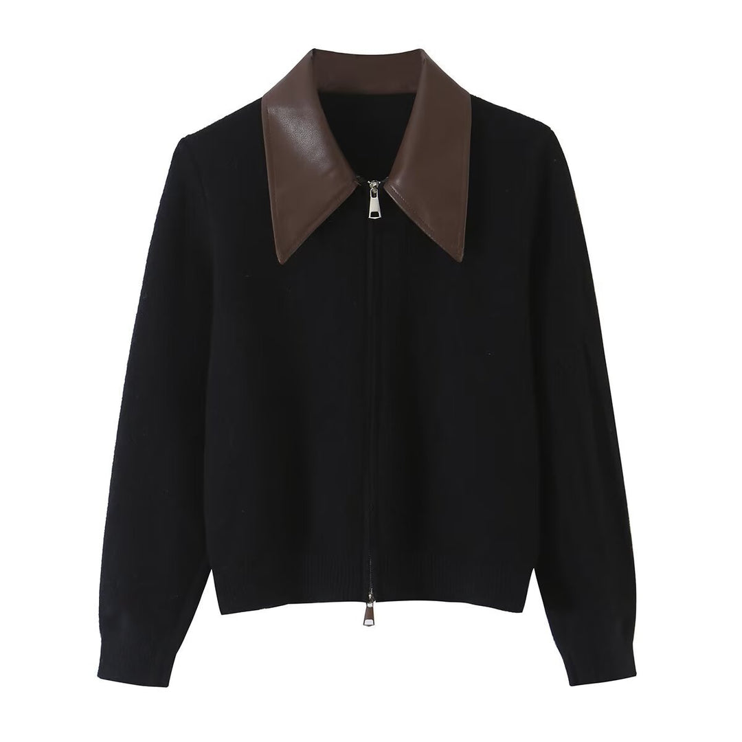Women Short Wool Blend Cardigan with Zipper and Contrasting Faux Leather Collar Amarae