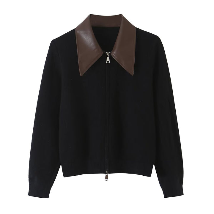 Women Short Wool Blend Cardigan with Zipper and Contrasting Faux Leather Collar Amarae