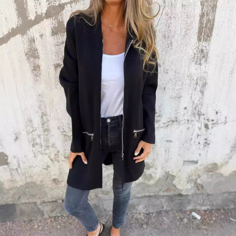 Women’s Hooded Long Cardigan with Full Zip and Decorative Pockets Amarae