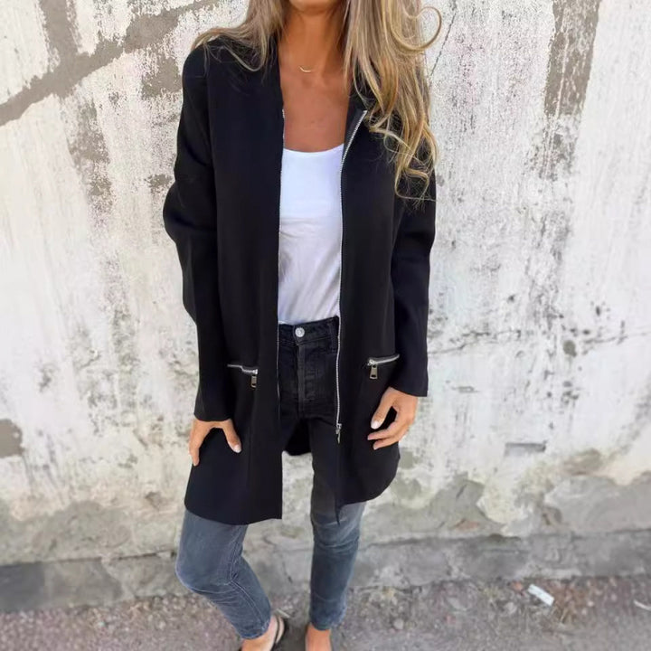 Women’s Hooded Long Cardigan with Full Zip and Decorative Pockets Amarae