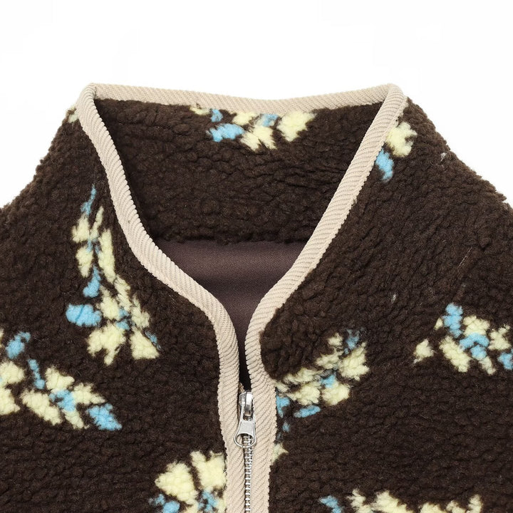 Women's teddy fleece jacket with floral allover pattern, stand-up collar and zipper Amarae