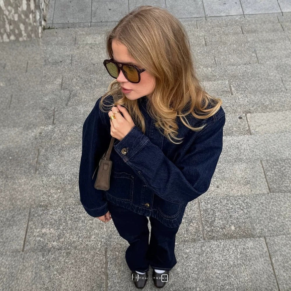 Women's Boxy Denim Jacket with Stand-up Collar, Patch Pockets and Roll-up Cuffs Amarae