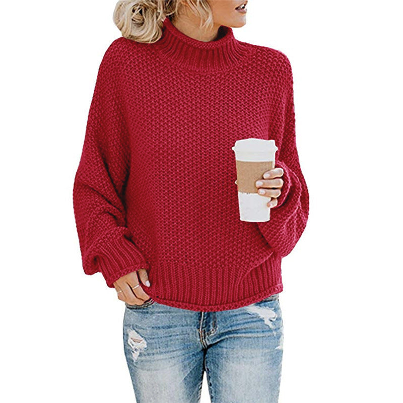 Ladies Comfortable Sweater with High Neck and Structured Knit Look Lune London