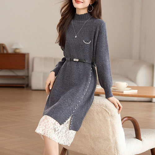 Robe tricotée femme avec des détails en perles à la mode et une ceinture élégante Chic & Stil