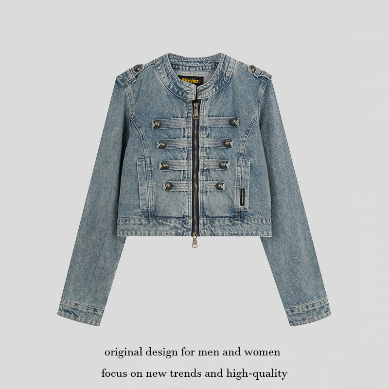 Women's Cropped Denim Jacket in Military Style with Decorative Button Strips Amarae