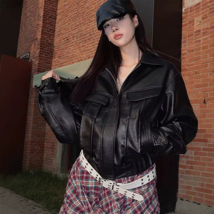 Ladies short-cut faux leather jacket in boxy cut with voluminous balloon sleeves Amarae