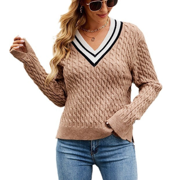 Knitted sweater for ladies with modern V-neck and structured surface Lune London