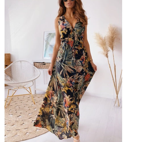 Maxi dress with tropical print for women with adjustable belt Lune London