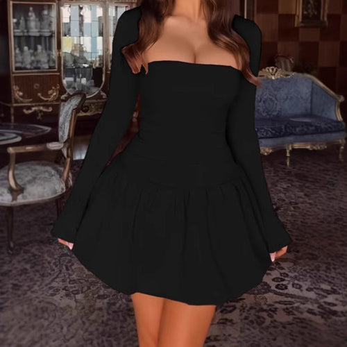 Off-shoulder dress for women with voluminous skirts and long sleeves Amarae