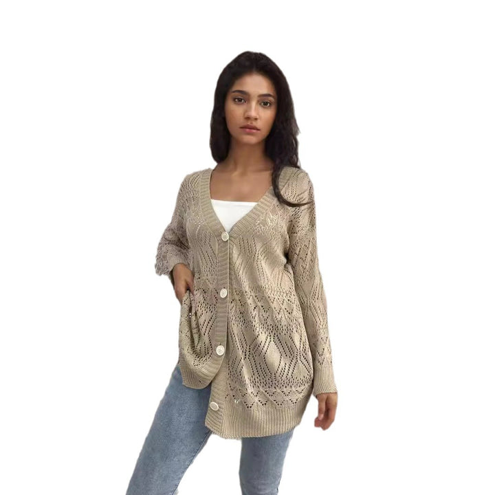 Knitted jacket for women with perforated pattern and button closure Lune Londonl