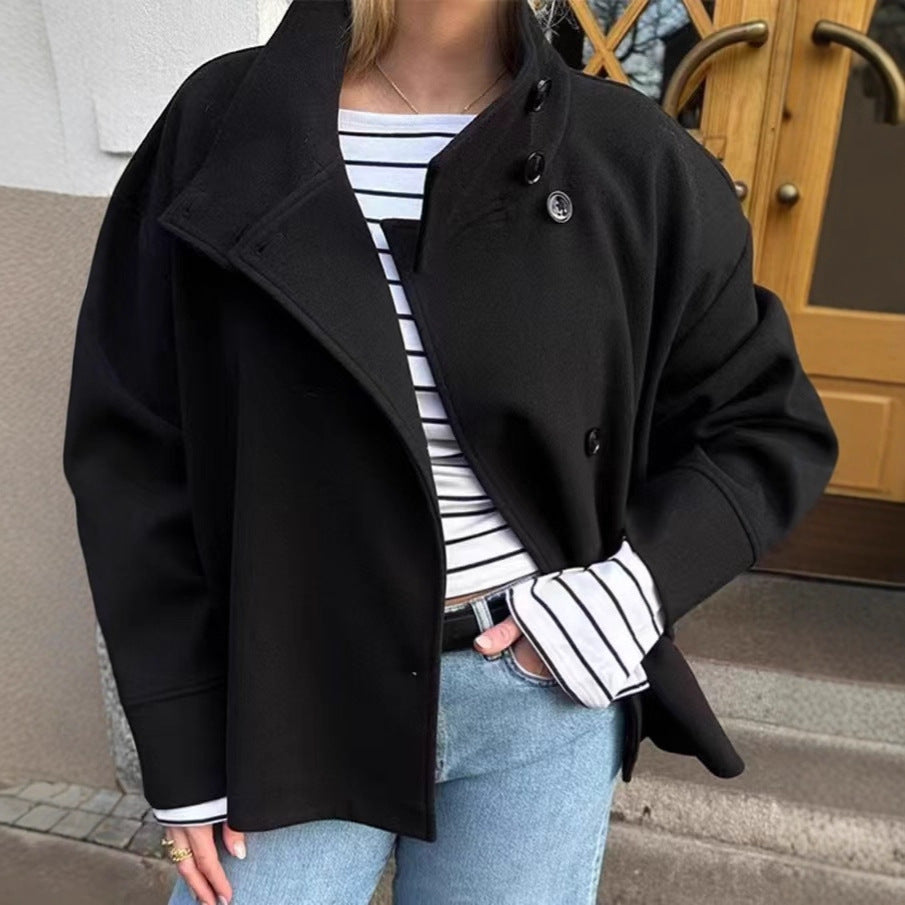 Women's short cut boxy jacket with stand-up collar and asymmetrical button placket Amarae