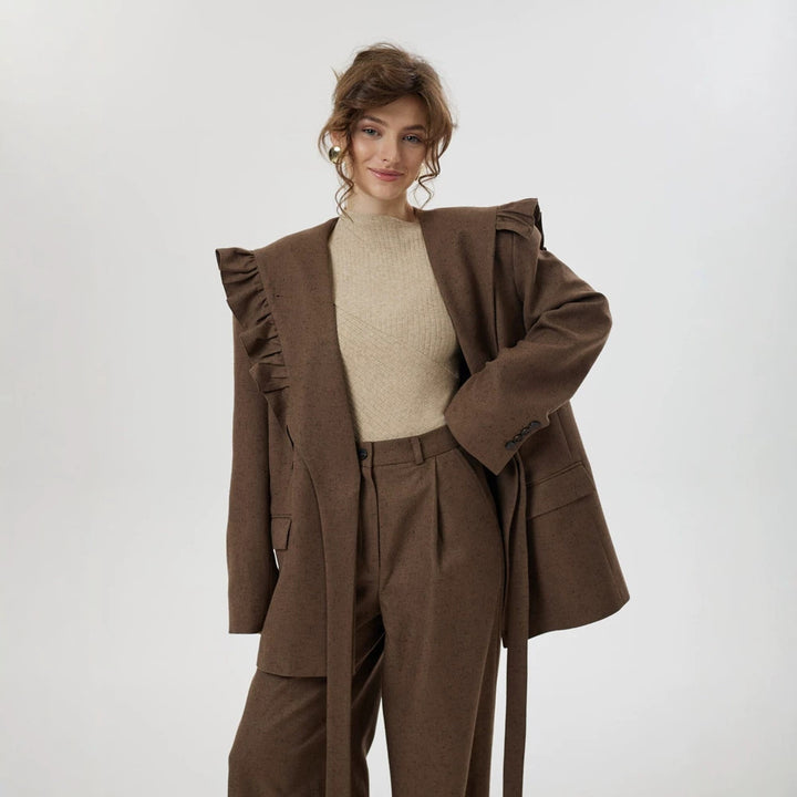 Women Two-Piece Oversized Blazer and Pants Set with Ruffled Shoulder and High Pleat Amarae