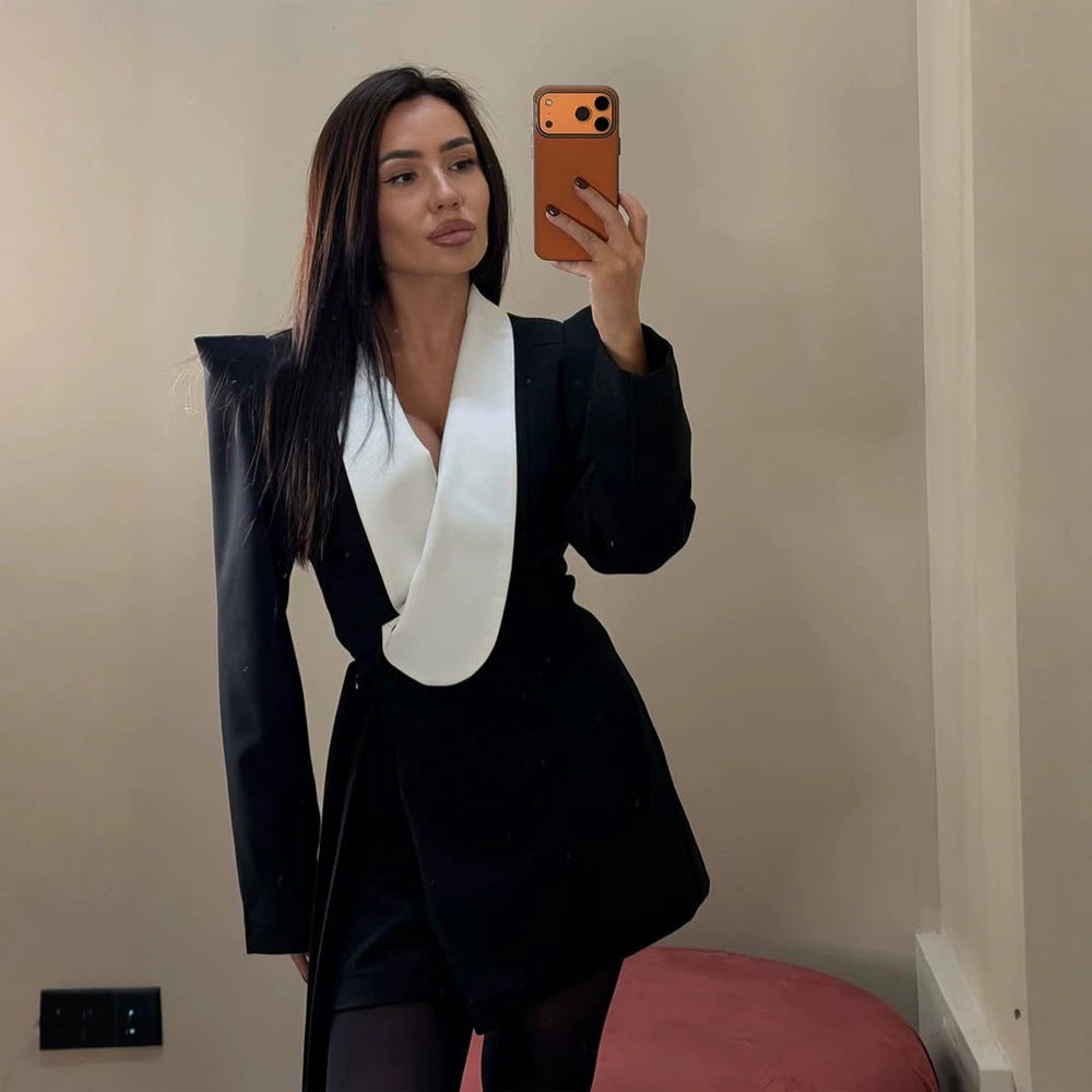 Women Tailored Blazer Dress with Contrasting Shawl Collar and Structured Shoulders Amarae