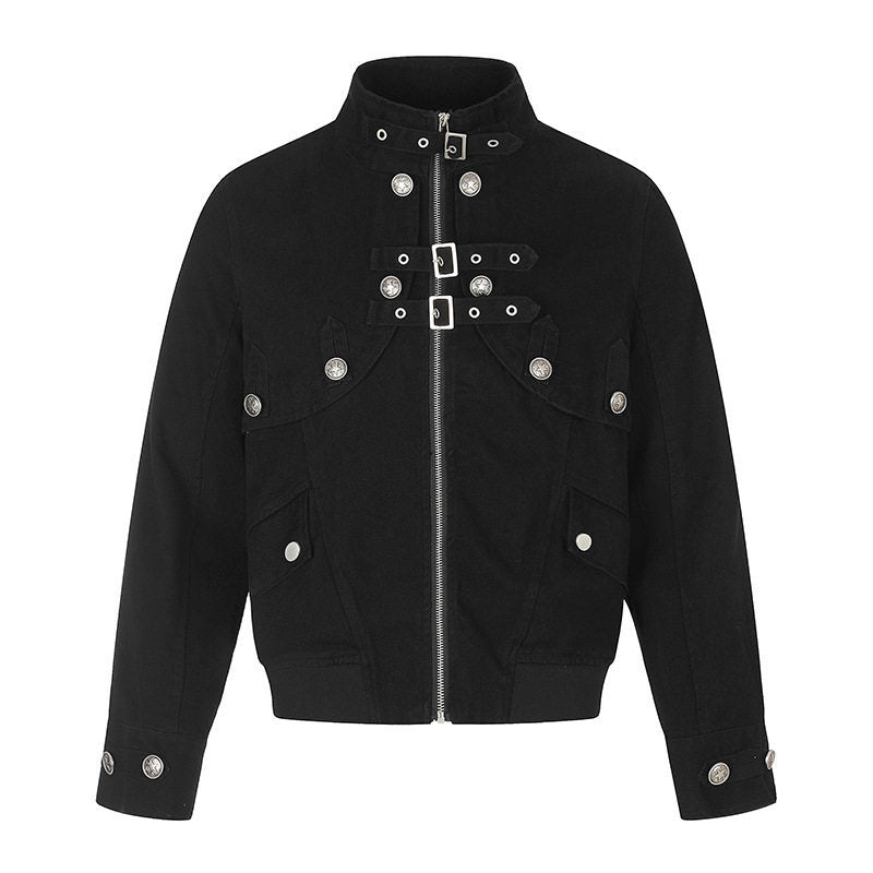 Women's short fitted bomber jacket with stand-up collar, decorative buckles, and flap pockets Amarae