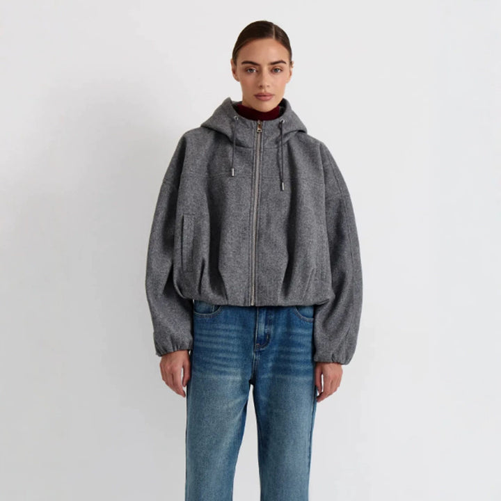 Women’s short jacket made of wool blend with hood, boxy silhouette & gathered hem Amarae