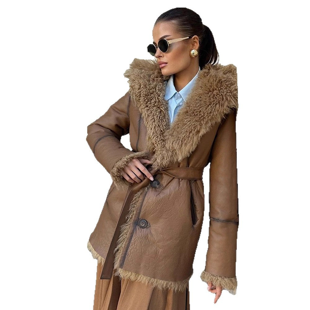Women’s short coat made of voluminous bouclé faux fur with wrap and waist belt Amarae