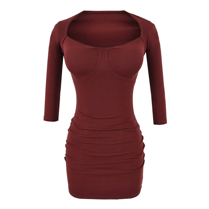 Ladies fitted midi dress with sewn-in cups, wide square neckline and gathering around