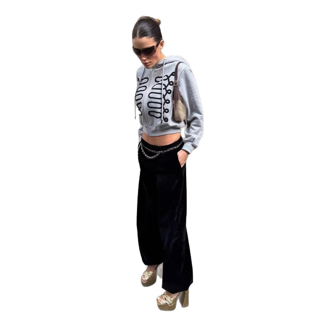 Women's Cropped Hooded Jacket with Zipper and Decorative Lacing Embroidery Amarae
