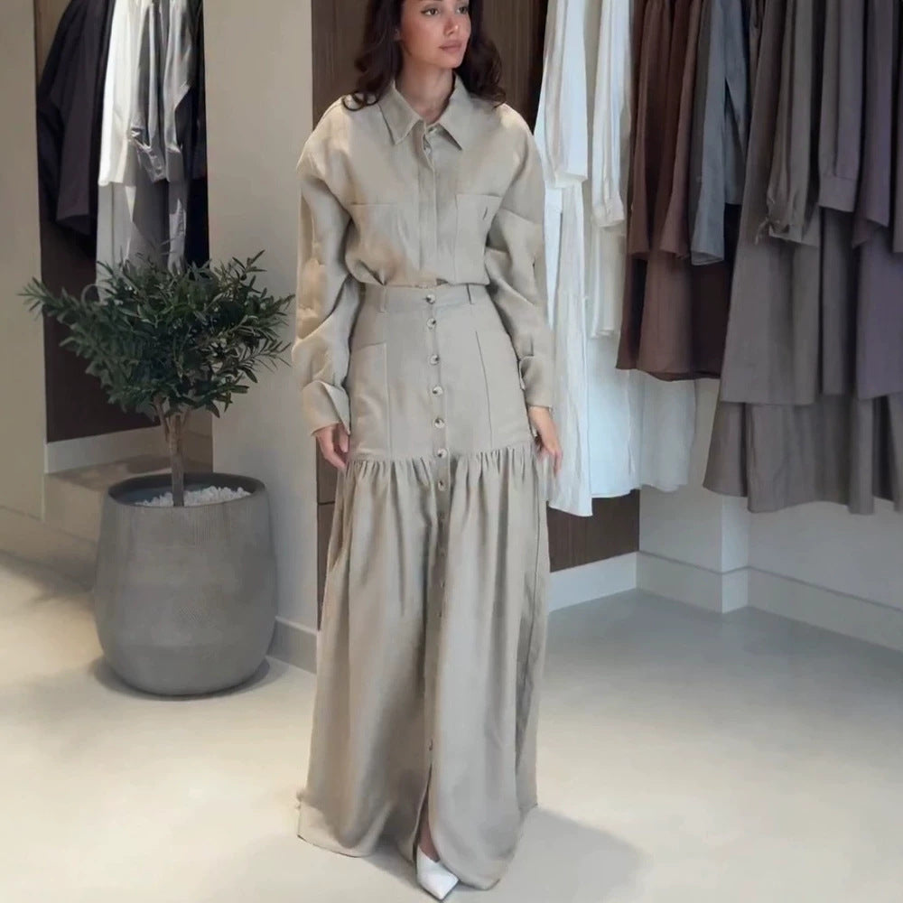 Women Two-Piece Oversized Shirt and Maxi Skirt Set with High Waist & Continuous Button Placket Amarae