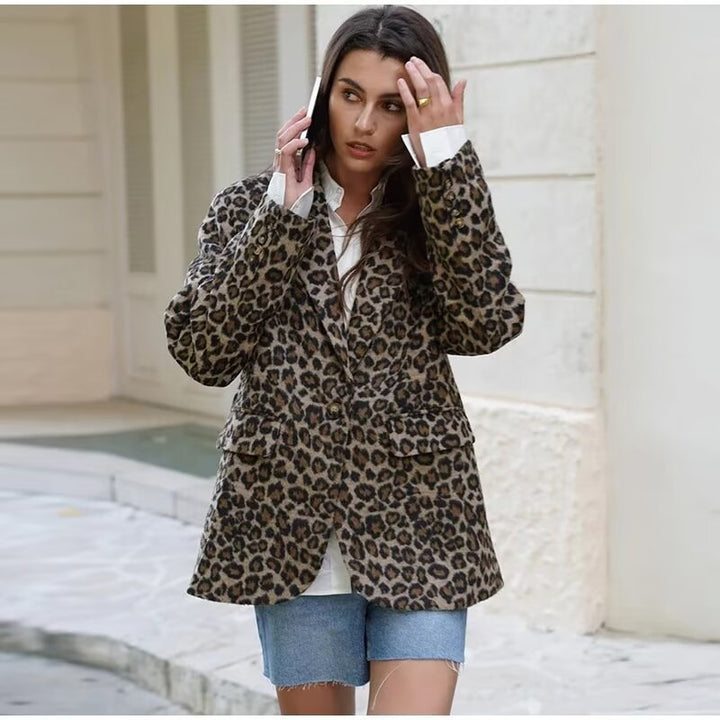 Women's leopard pattern longline blazer with falling lapel, single-button placket, and flap pockets Amarae