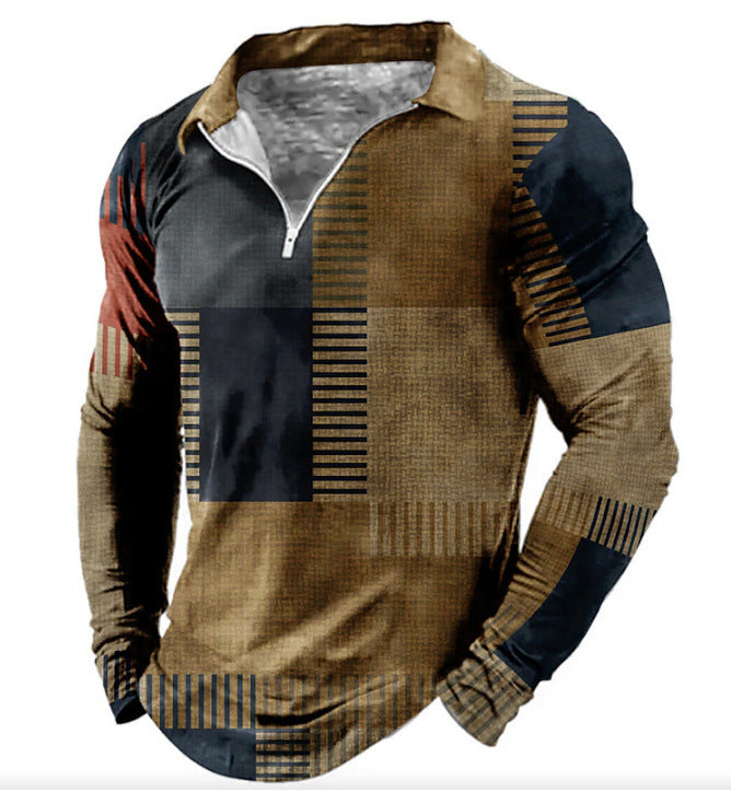 Men's long sleeve polo shirt with a trendy patchwork design and a functional zipper Lune London