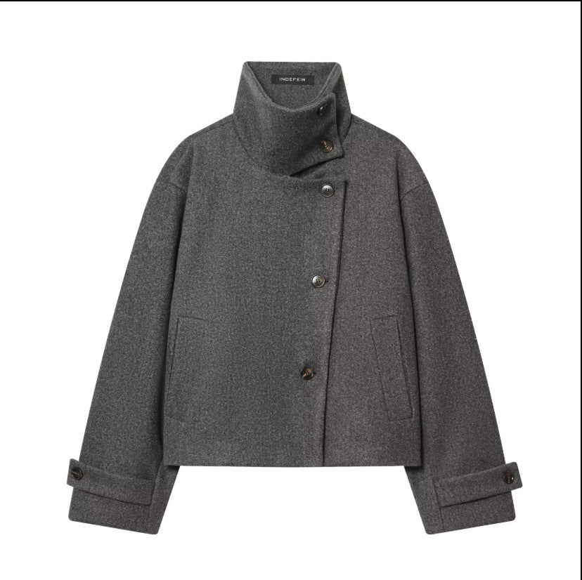 Women's Cropped Wool Blend Short Jacket with High Stand Collar, Asymmetric Button Placket and Cuffed Sleeves Amarae