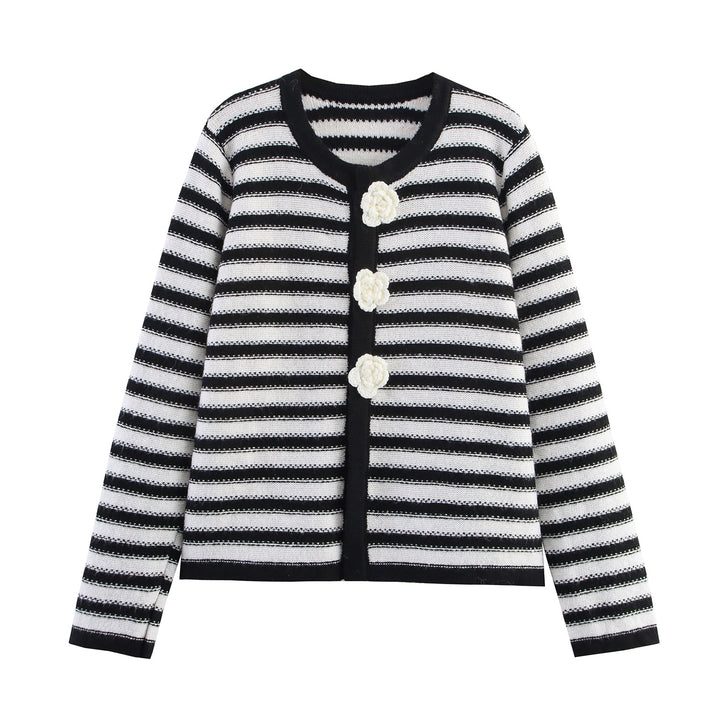 Striped knit jacket for ladies with floral button details Lune London