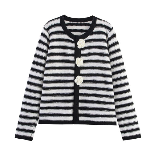 Striped knit jacket for ladies with floral button details Amarae