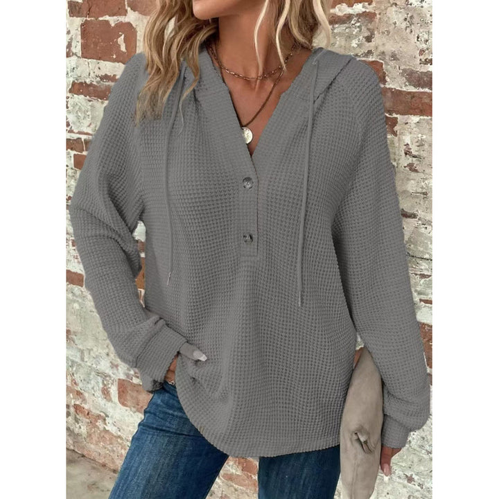 Women Waffle Knit Hoodie with Henley Button Placket and Oversized Cut Amarae