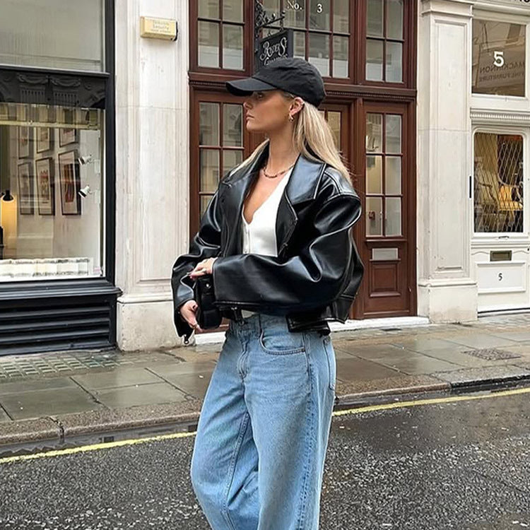 Women's Cropped Boxy Biker Jacket made of Faux Leather with Distinctive Shoulder Area and Boxy Silhouette Amarae