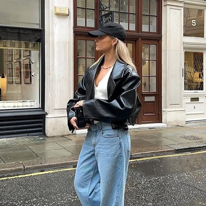 Women's Cropped Boxy Biker Jacket made of Faux Leather with Distinctive Shoulder Area and Boxy Silhouette Amarae