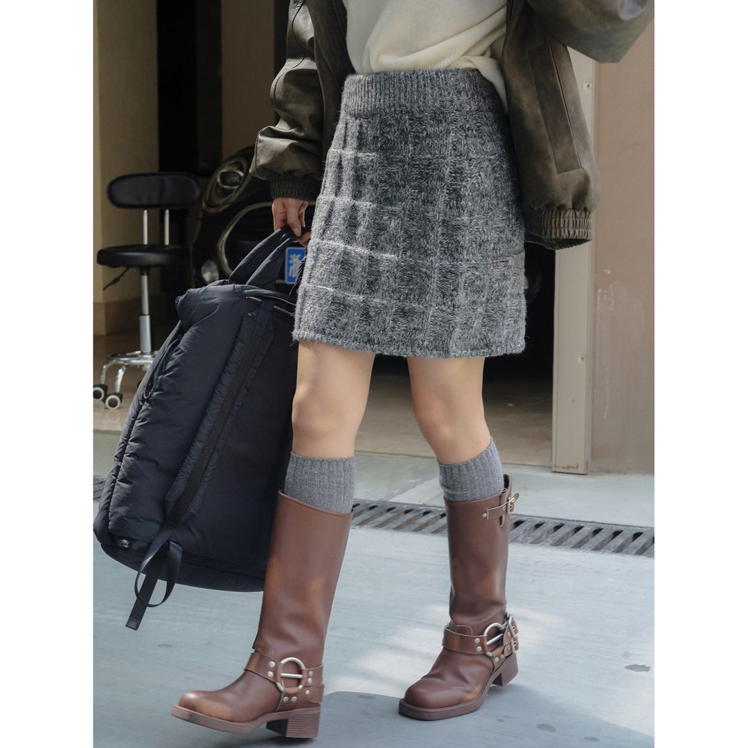 Women's Knitted Check Pattern Mini Skirt with High Waist Amarae
