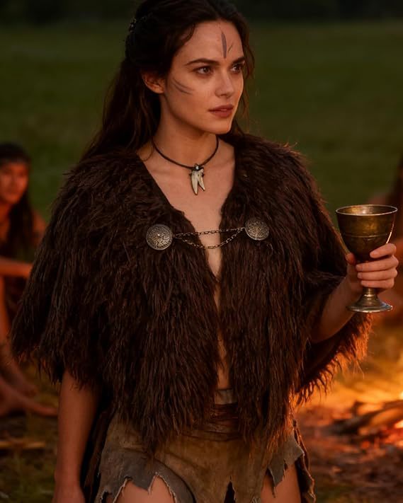 Ladies Viking-inspired Faux-Fur Cape with rustic fringe look and shoulder drape Amarae