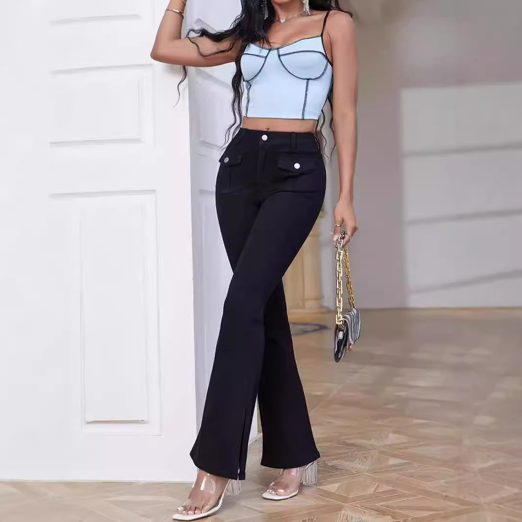 Women High-Waist Flared Trousers made of Stretch Denim with Pocket Flaps and Front Slit Amarae