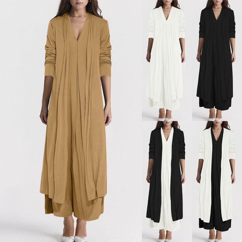 Women Elegant Long Coat with Deep V-Neck and Fluid Cut Lune London